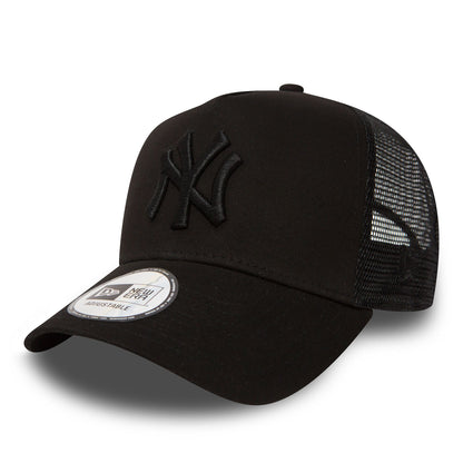 This is a New York Yankees Clean Black On Black A-Frame Trucker Cap 1