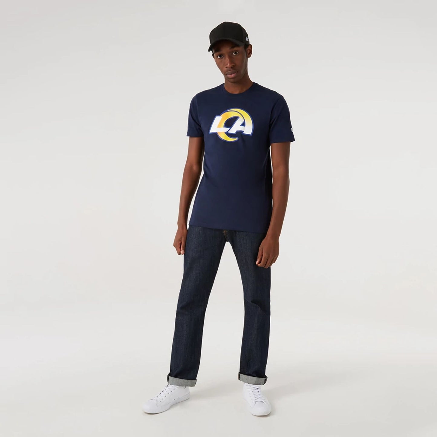 The Male model is wearing LA Rams NFL Team Logo Blue T-Shirt 4