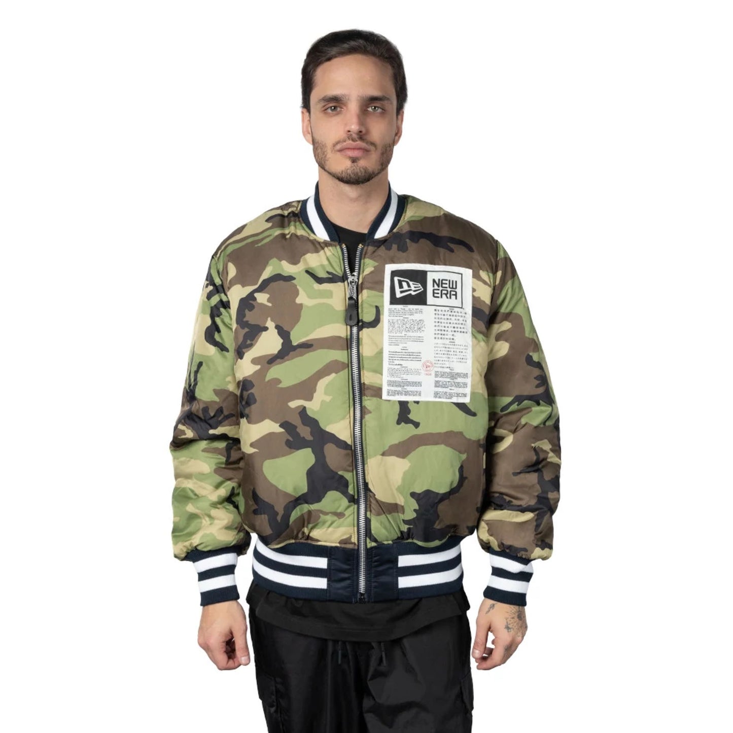 The Male model is wearing New York Yankees Alpha Industries Blue Reversible Bomber Jacket 7