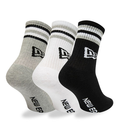 This is a New Era Retro Stripe 3 Pack Crew Black, Grey and White Socks 1