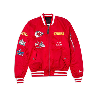 The Male model is wearing Kansas City Chiefs Alpha Industries Red Reversible Bomber Jacket 1