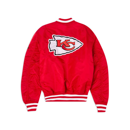 The Male model is wearing Kansas City Chiefs Alpha Industries Red Reversible Bomber Jacket 2