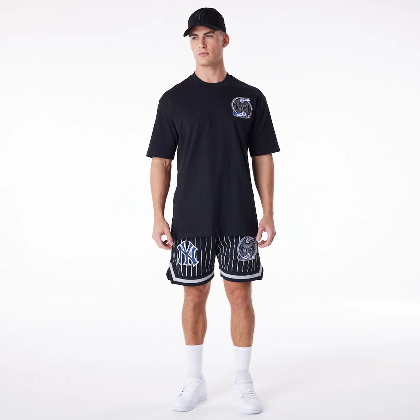 The Male model is wearing New York Yankees New Era Australia Black Oversized T-Shirt 3