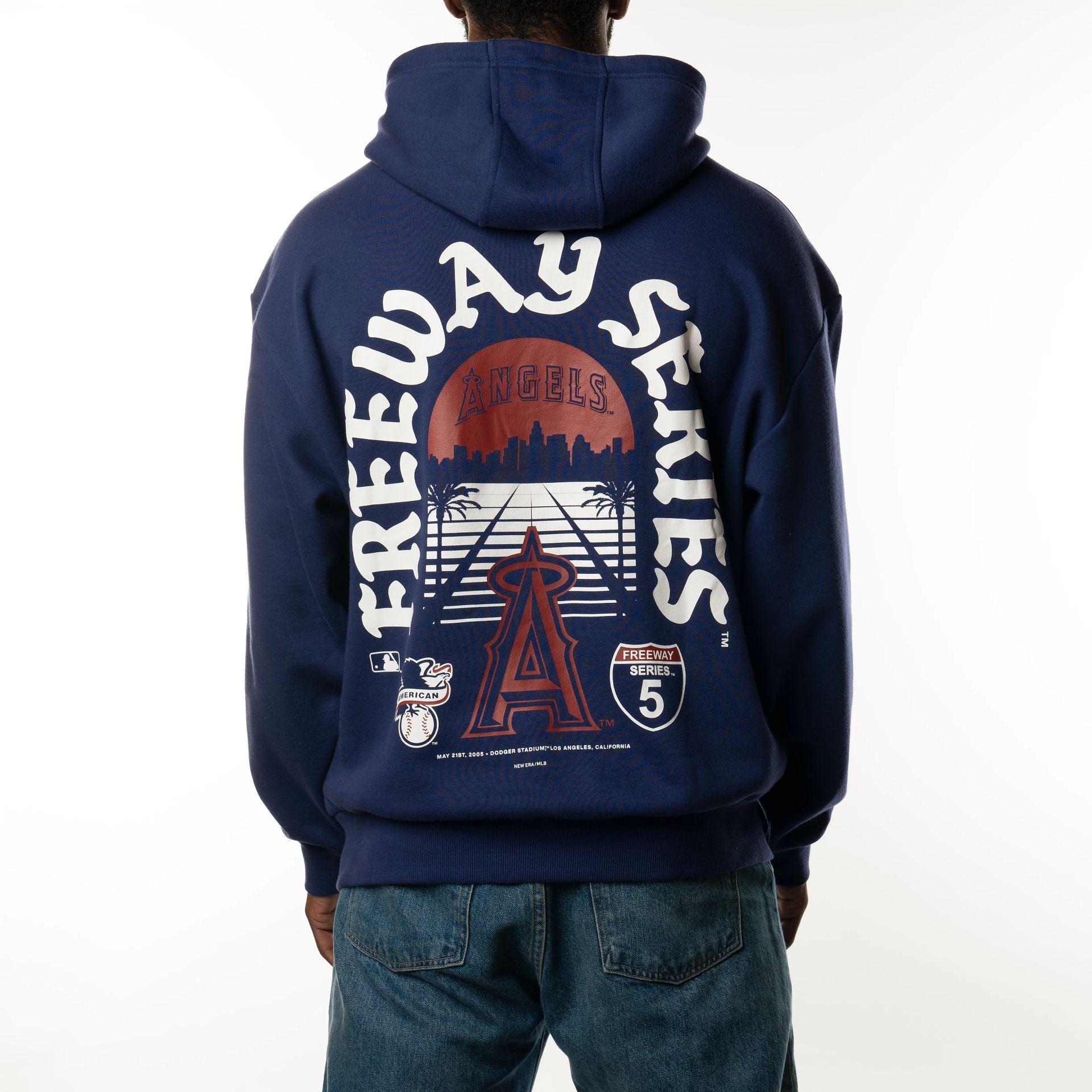 The Male model is wearing LA Angels Freeway Series Dark Blue Pullover Hoodie  2