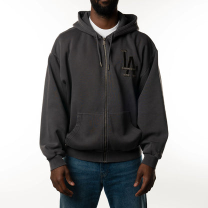 The Male model is wearing LA Dodgers New Era Australia Charcoal Oversized Full Zip Hoodie  4