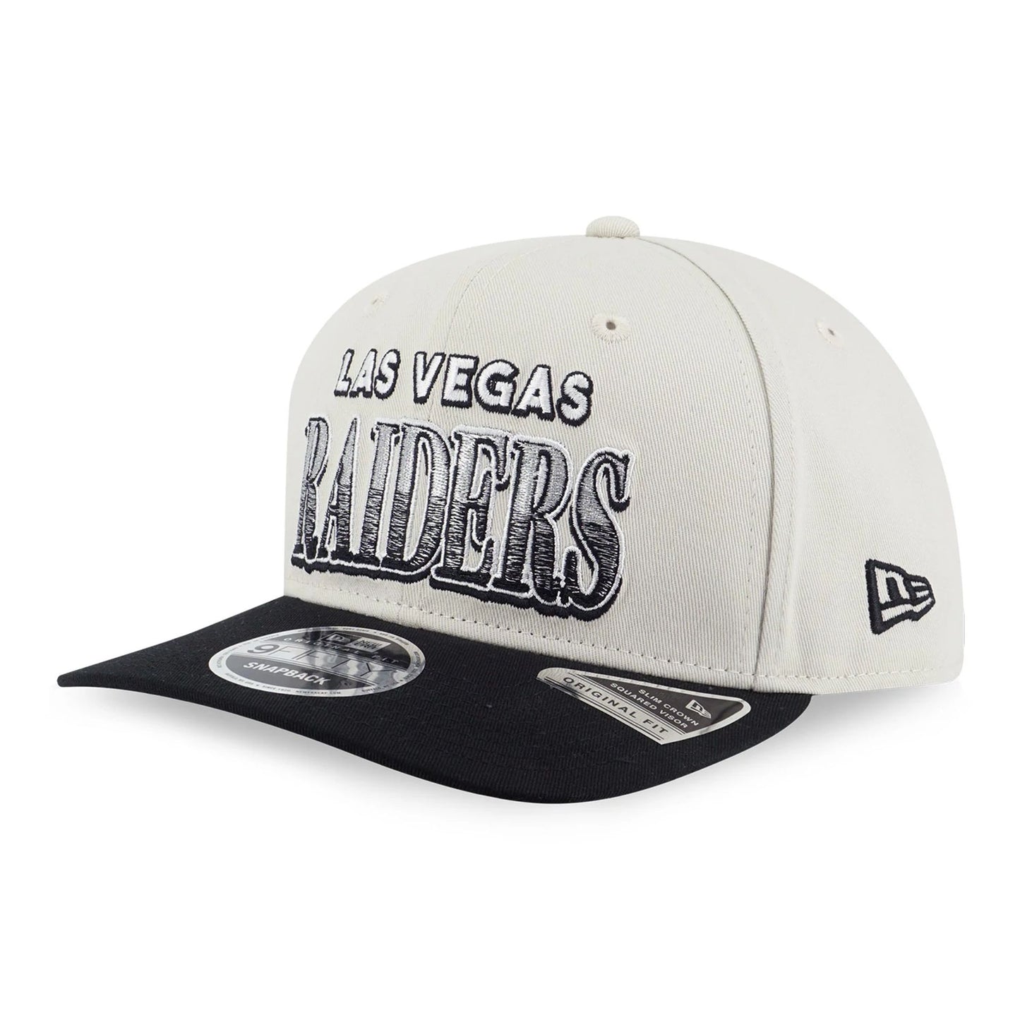 This is a Las Vegas Raiders Pre-curved League Retro Cream 9FIFTY Original Fit Snapback Cap 1