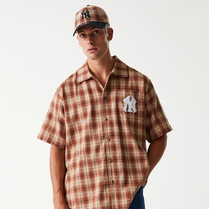 The Male model is wearing New York Yankees Plaid Brown Short Sleeve Shirt 3