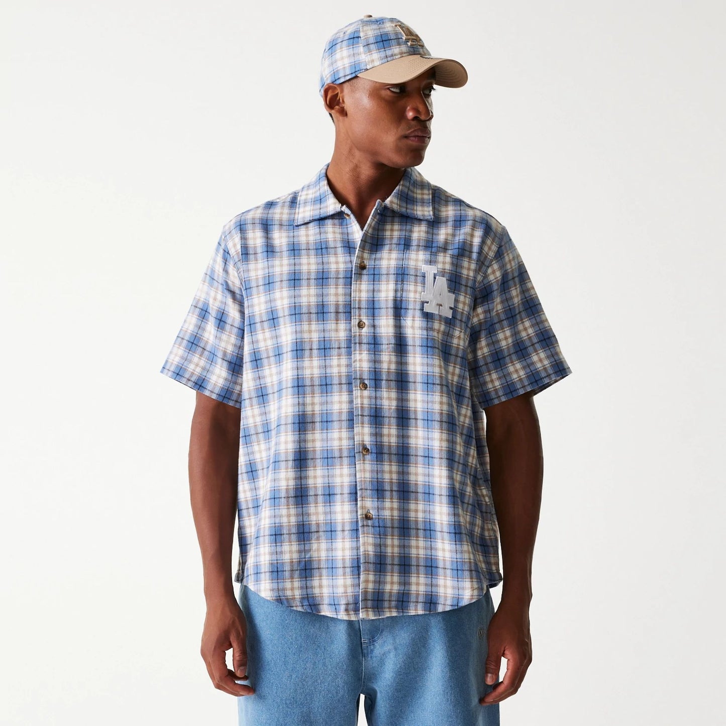 The Male model is wearing LA Dodgers Plaid Blue Short Sleeve Shirt 1