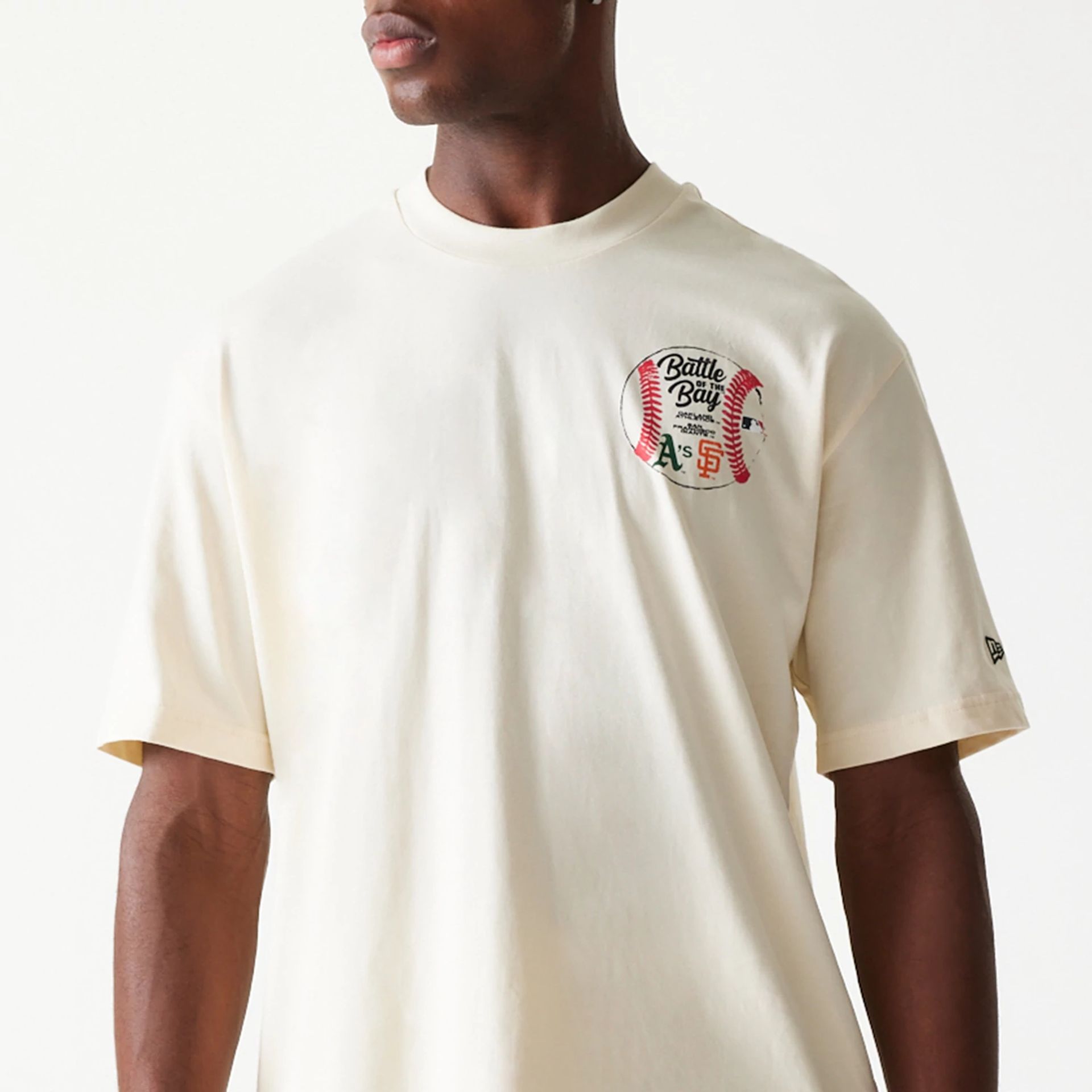 The Male model is wearing MLB Multi Team Battle Of The Bay Cream Oversized T-Shirt 3