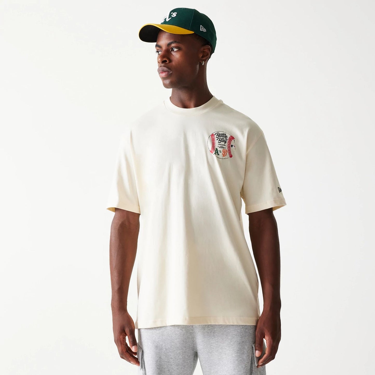 The Male model is wearing MLB Multi Team Battle Of The Bay Cream Oversized T-Shirt 1