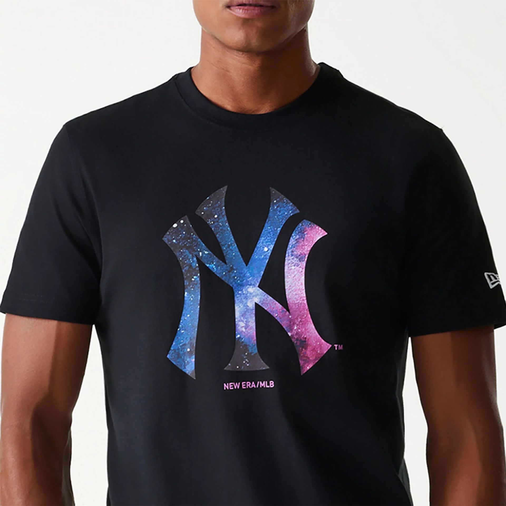 The Male model is wearing New York Yankees Cosmic Space Black T-Shirt 3