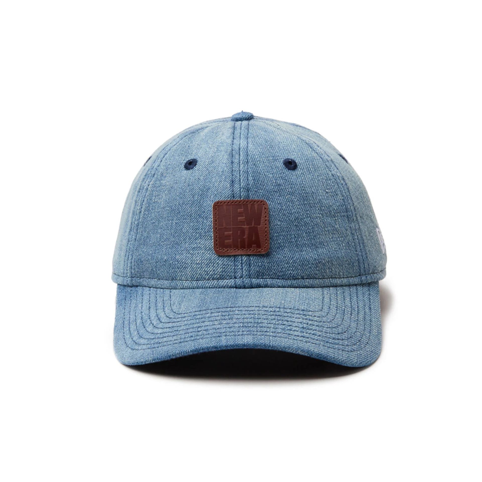 This is a New Era Japan Denim Leather Patch Light Blue 9TWENTY Adjustable Cap 2