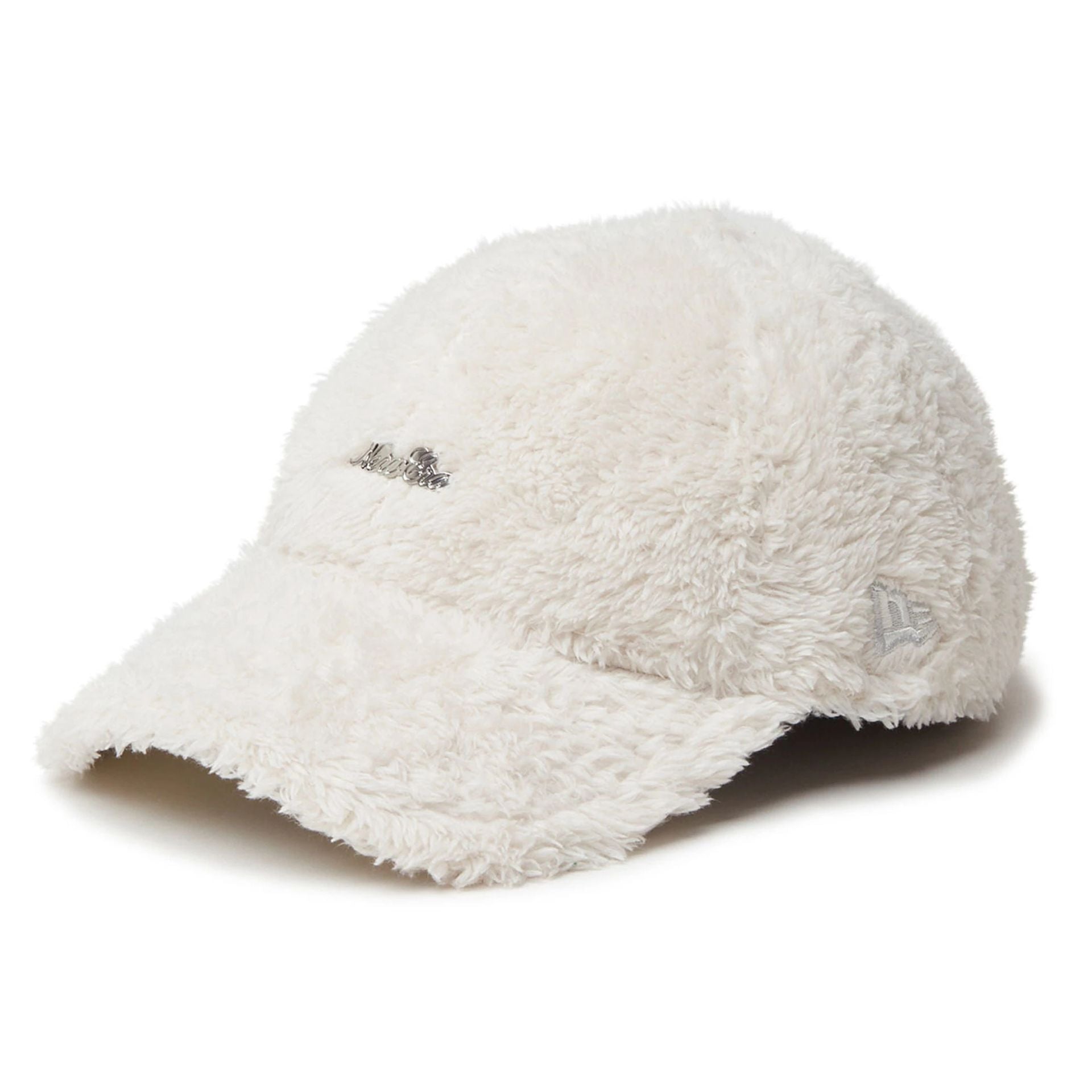 This is a New Era Mink Fleece Script Logo White 9TWENTY Adjustable Cap 1