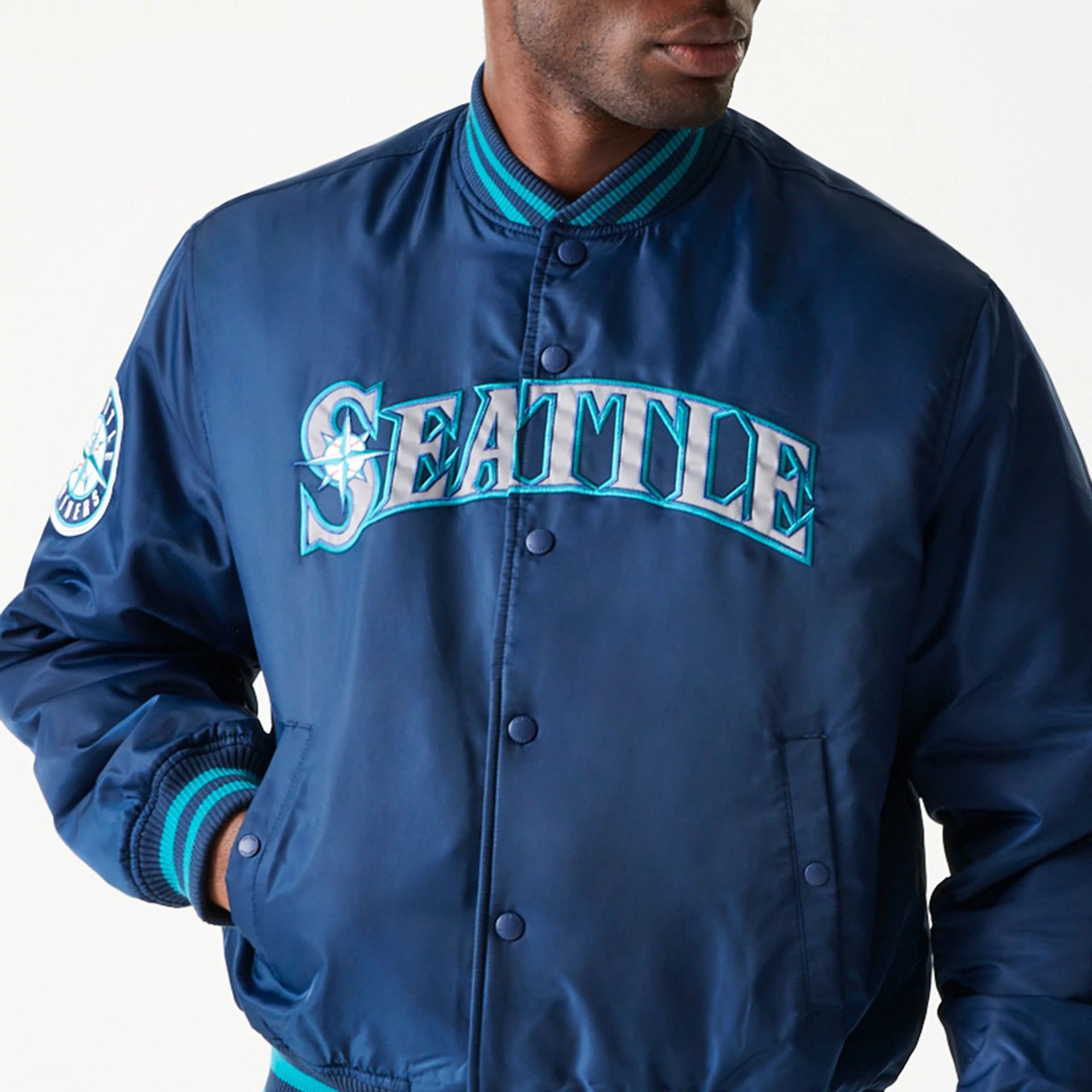 The Male model is wearing Seattle Mariners MLB Stadium Navy Jacket  3