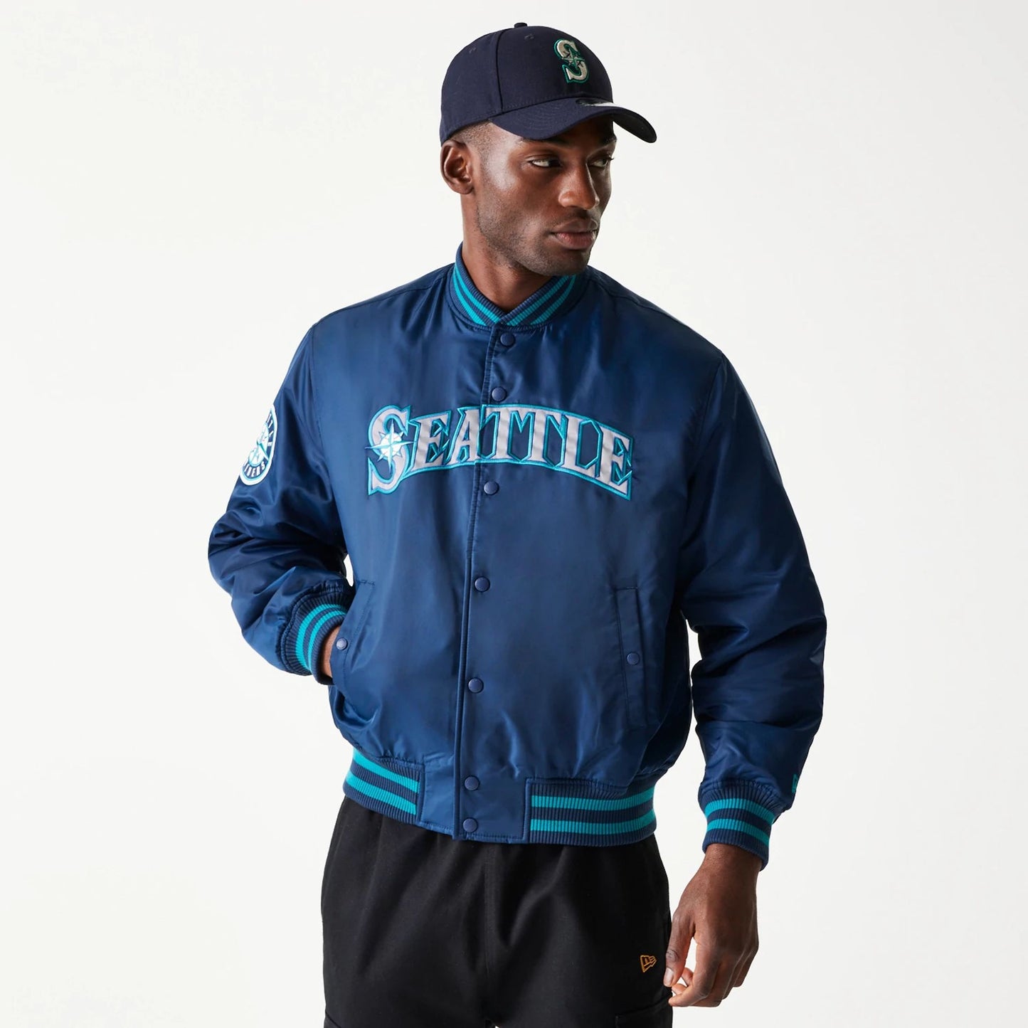 The Male model is wearing Seattle Mariners MLB Stadium Navy Jacket  1