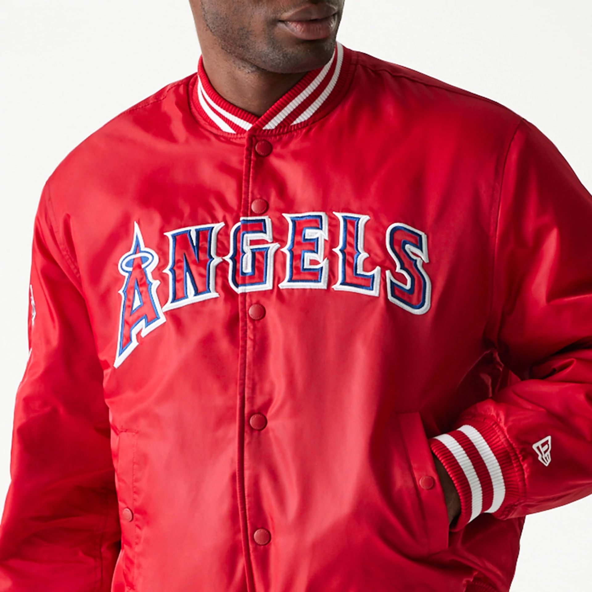 The Male model is wearing LA Angels MLB Stadium Red Jacket  3