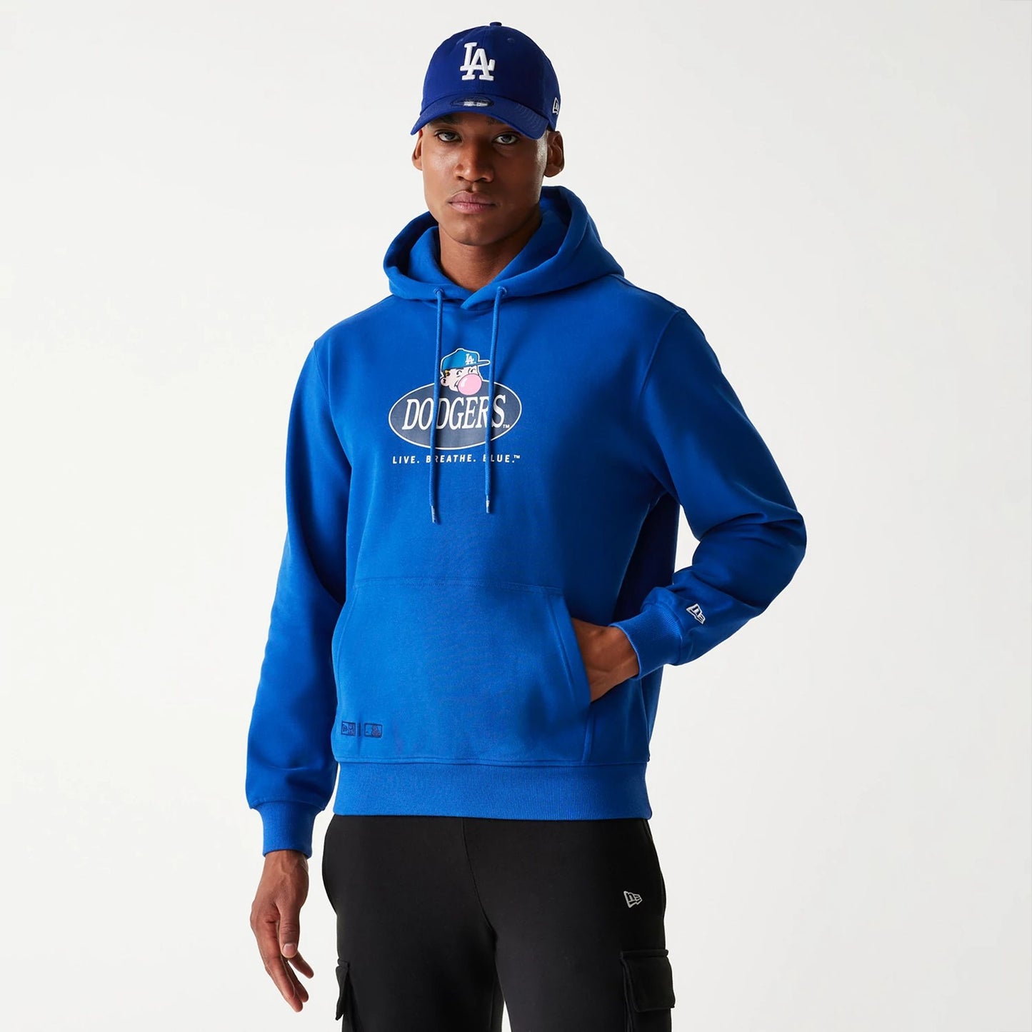 The Male model is wearing LA Dodgers Korea Blue Pullover Hoodie 1