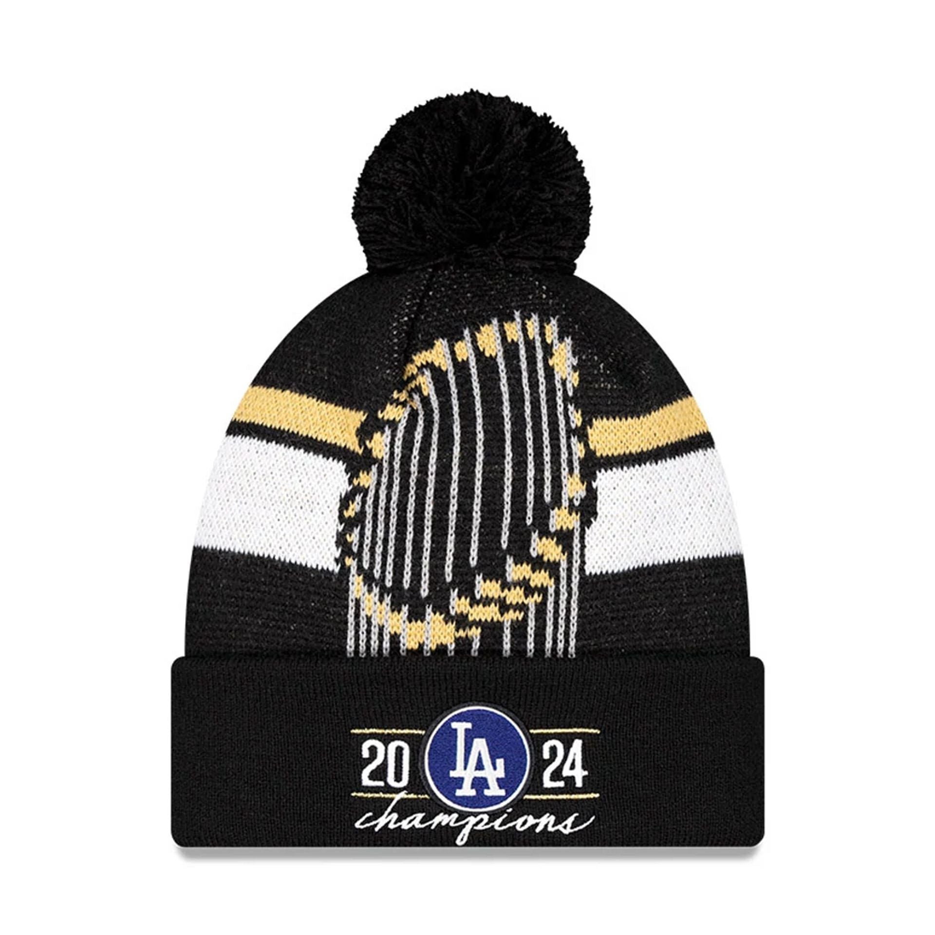 This is a LA Dodgers MLB World Series Champions 2024 Black Bobble Knit Beanie Hat 1