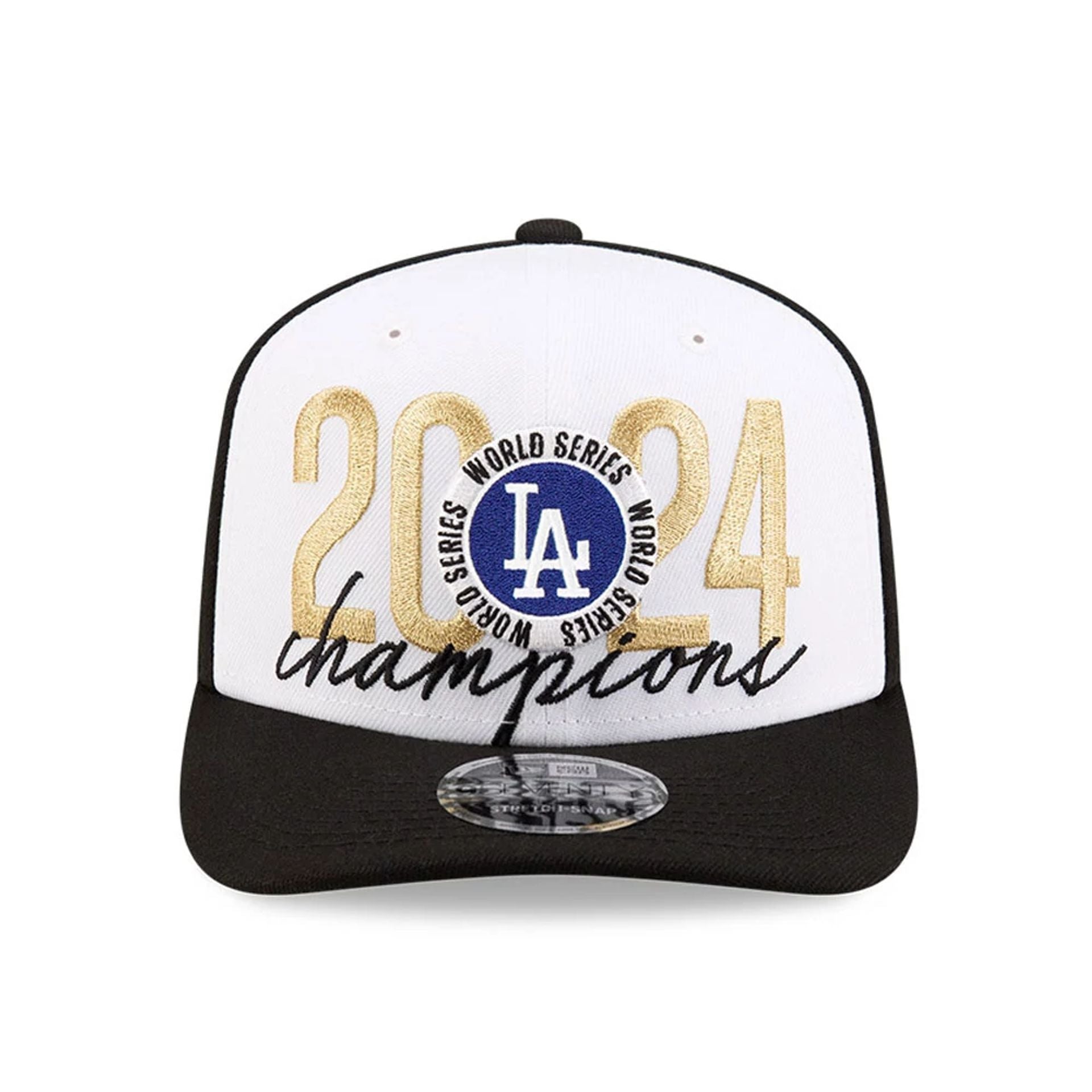 This is a LA Dodgers MLB World Series Champions 2024 Black 9SEVENTY Stretch Snap Cap 3