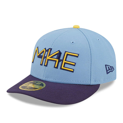 This is a Milwaukee Brewers MLB City Connect 2024 Light Blue Low Profile 59FIFTY Fitted Cap 1