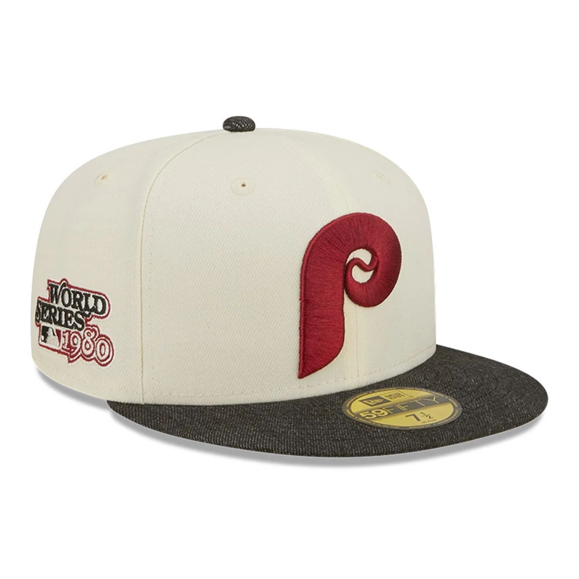 This is a Philadelphia Phillies MLB Black Denim Chrome White 59FIFTY Fitted Cap 1