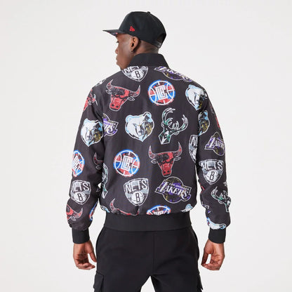 The Male model is wearing NBA All Over Print Team Logos Black Bomber Jacket 2