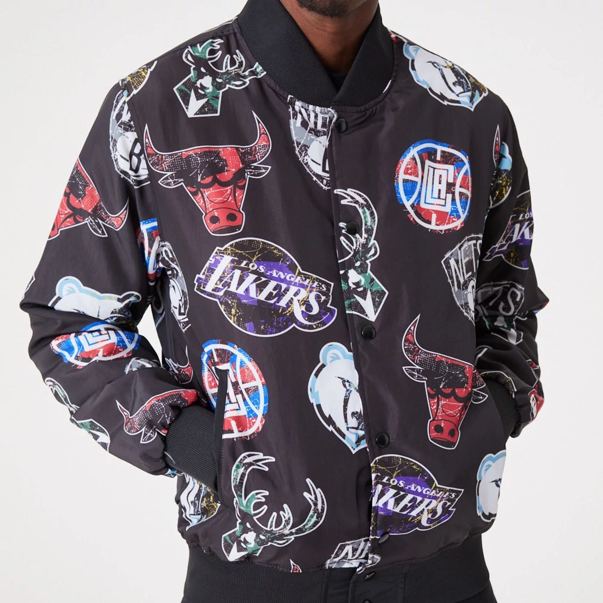 The Male model is wearing NBA All Over Print Team Logos Black Bomber Jacket 3