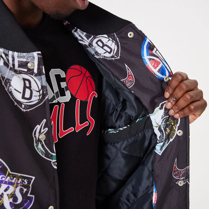 The Male model is wearing NBA All Over Print Team Logos Black Bomber Jacket 6