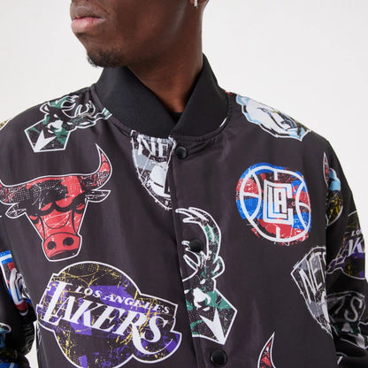 The Male model is wearing NBA All Over Print Team Logos Black Bomber Jacket 8