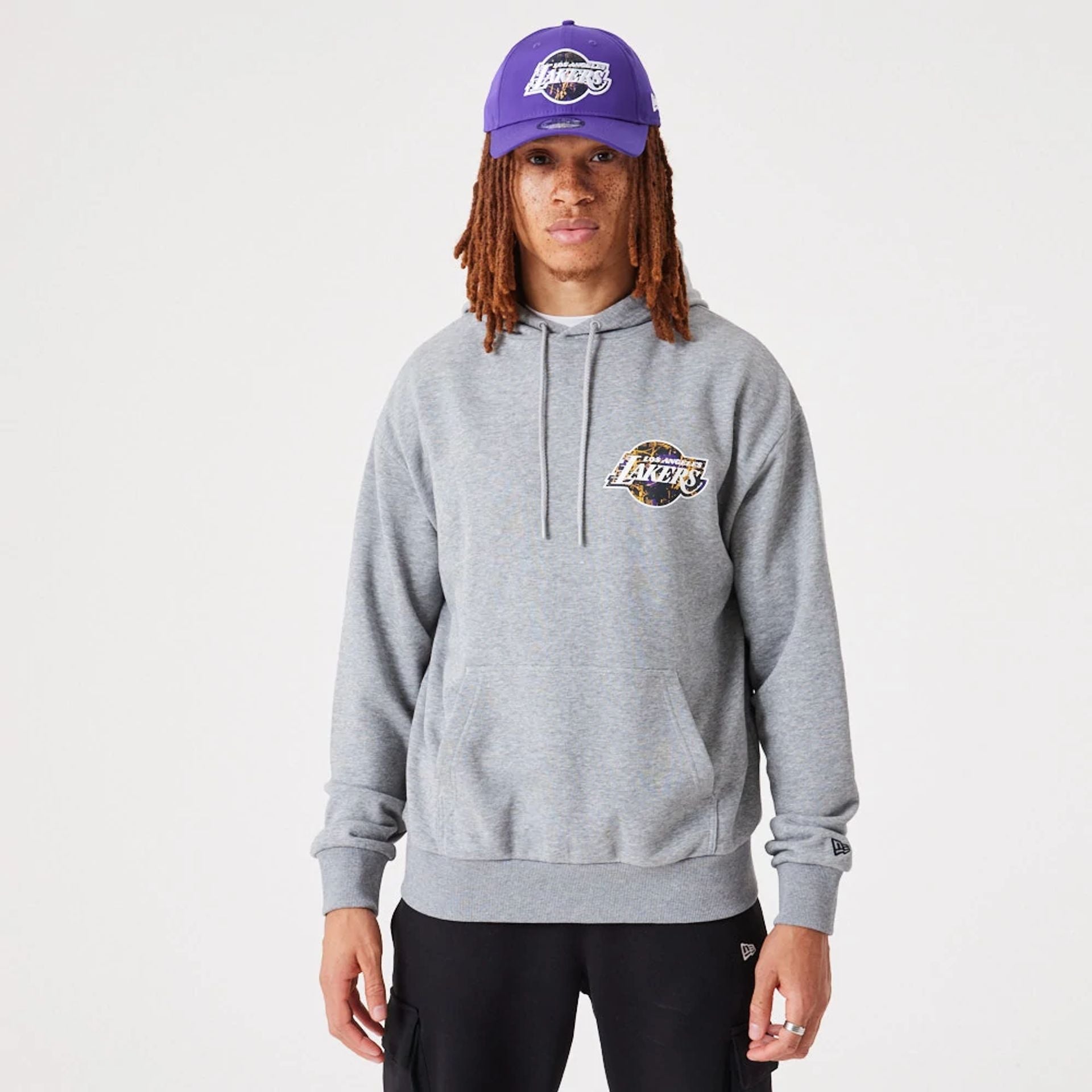 The Male model is wearing LA Lakers NBA Infill Team Logo Medium Grey Pullover Hoodie 2