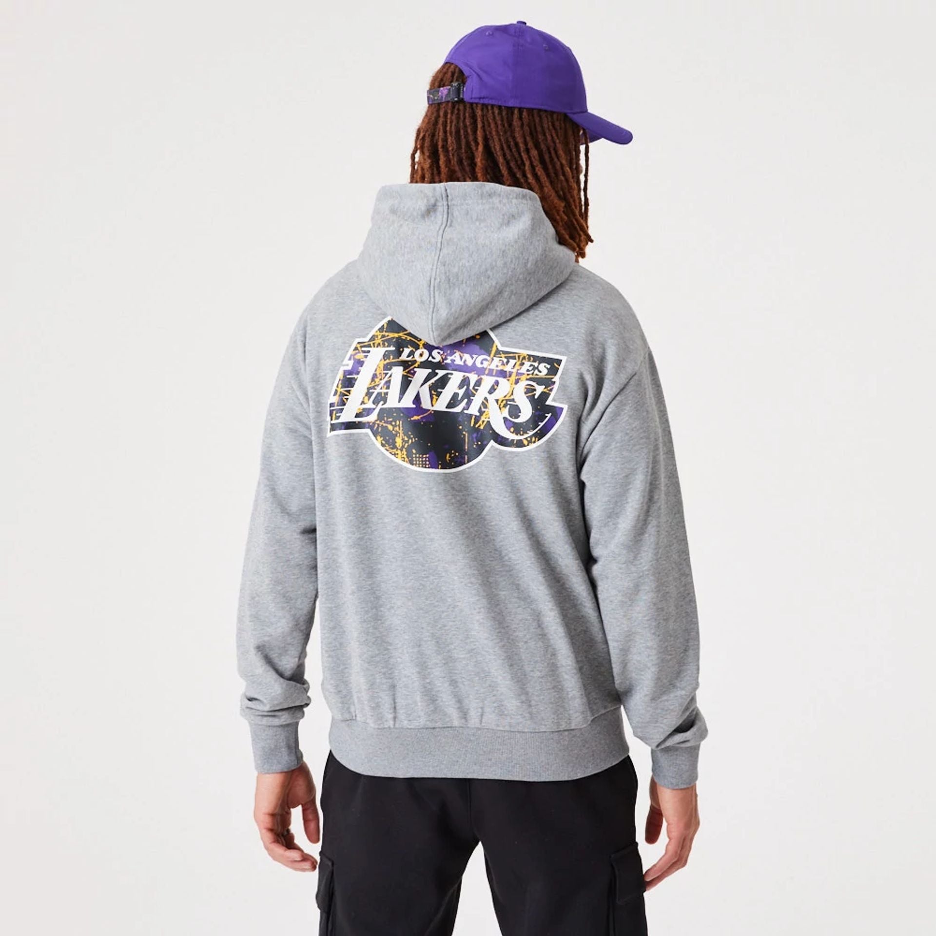 The Male model is wearing LA Lakers NBA Infill Team Logo Medium Grey Pullover Hoodie 1