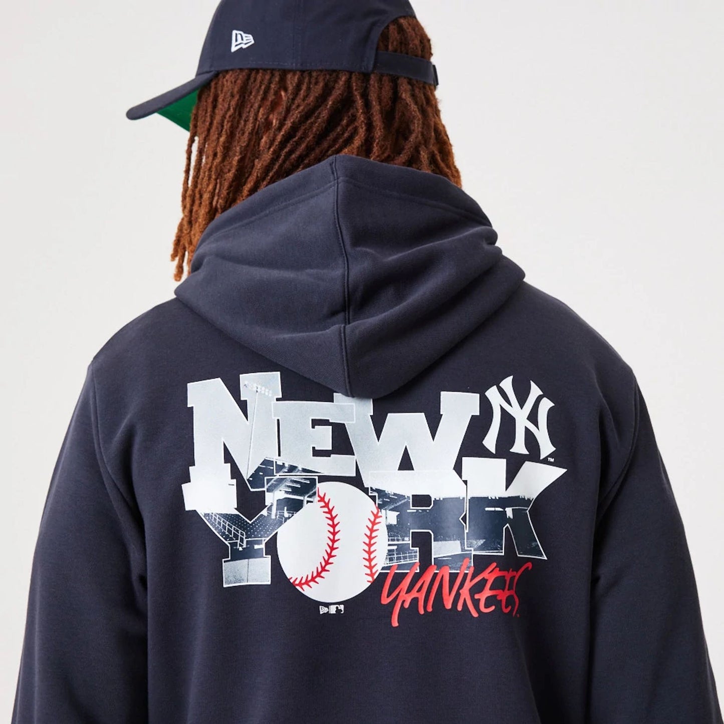 The Male model is wearing New York Yankees MLB Team Logo Navy Pullover Hoodie 3