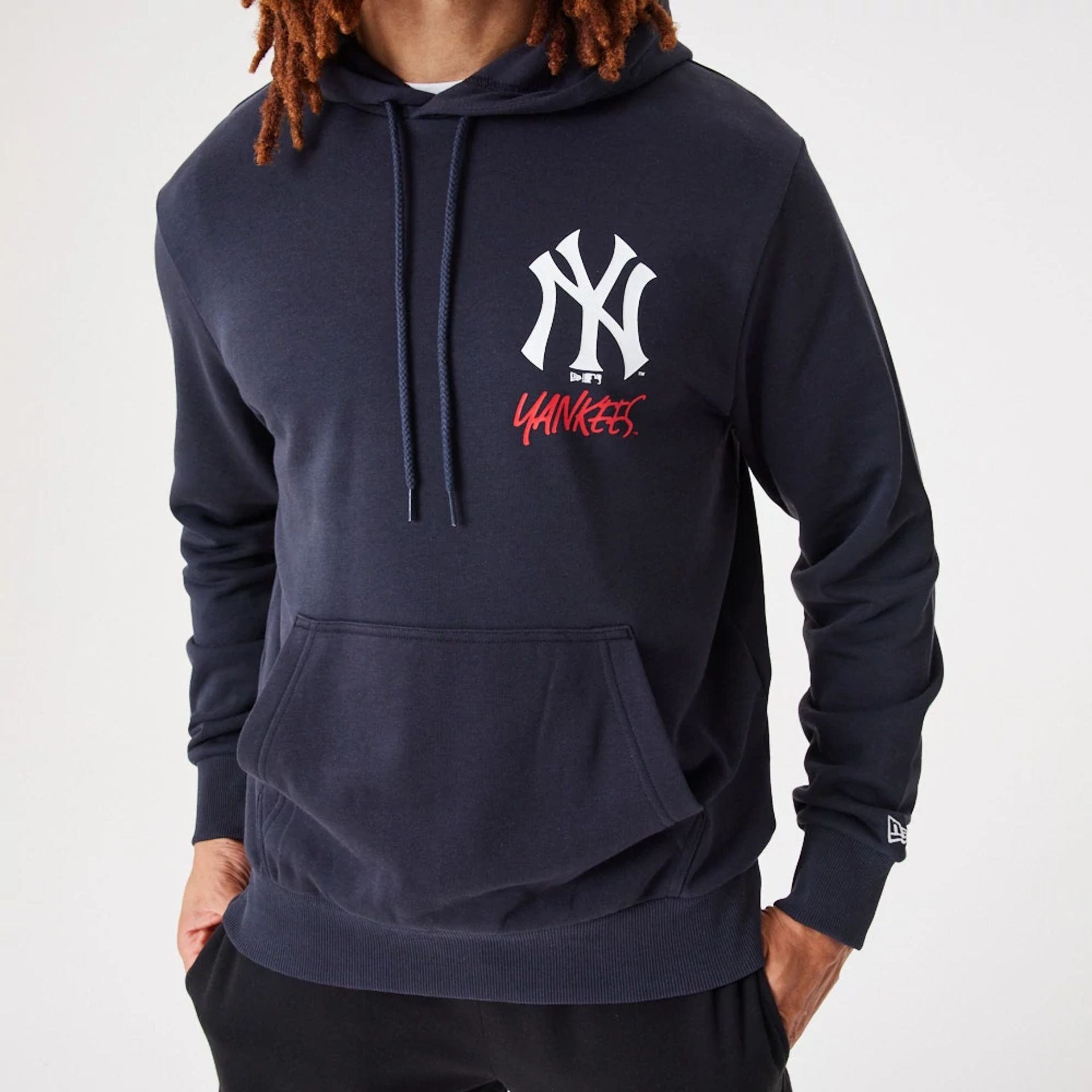 The Male model is wearing New York Yankees MLB Team Logo Navy Pullover Hoodie 5