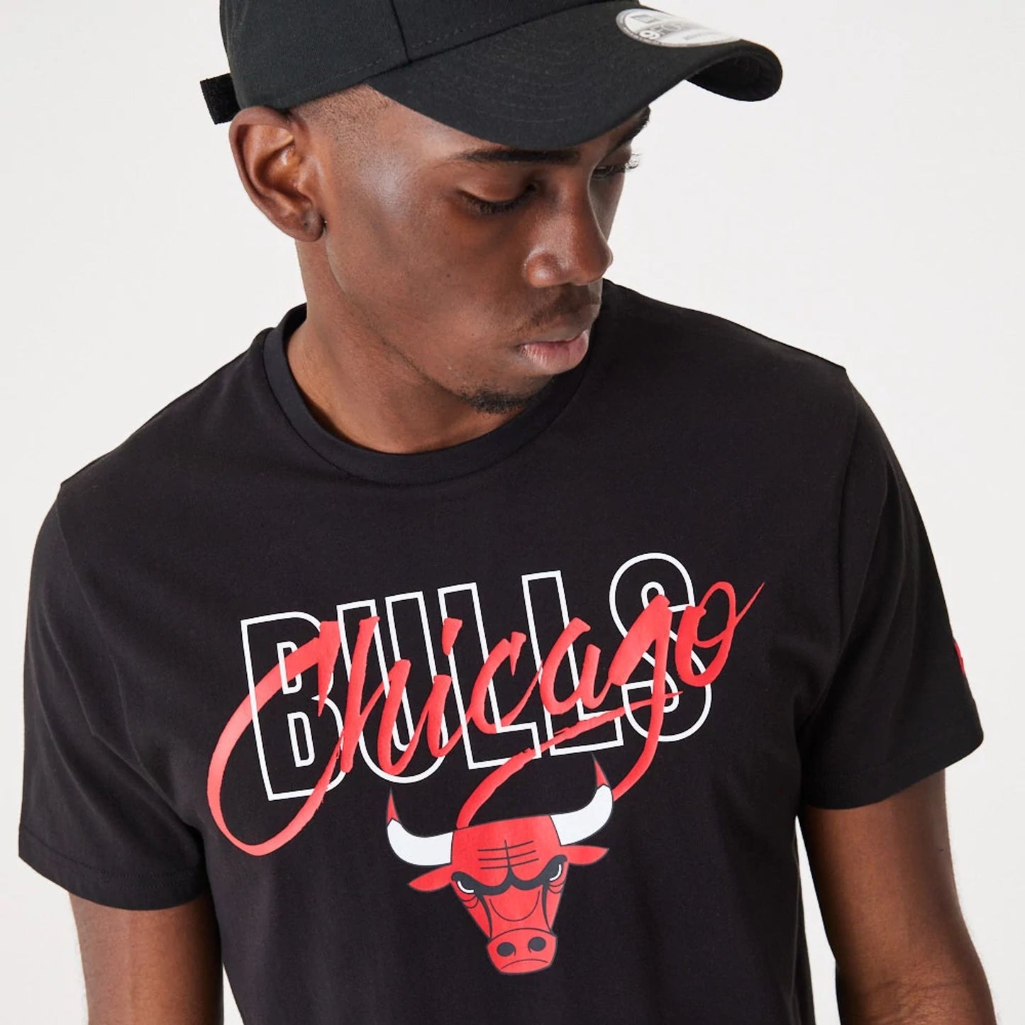 The Male model is wearing Chicago Bulls NBA Script Black T-Shirt 3