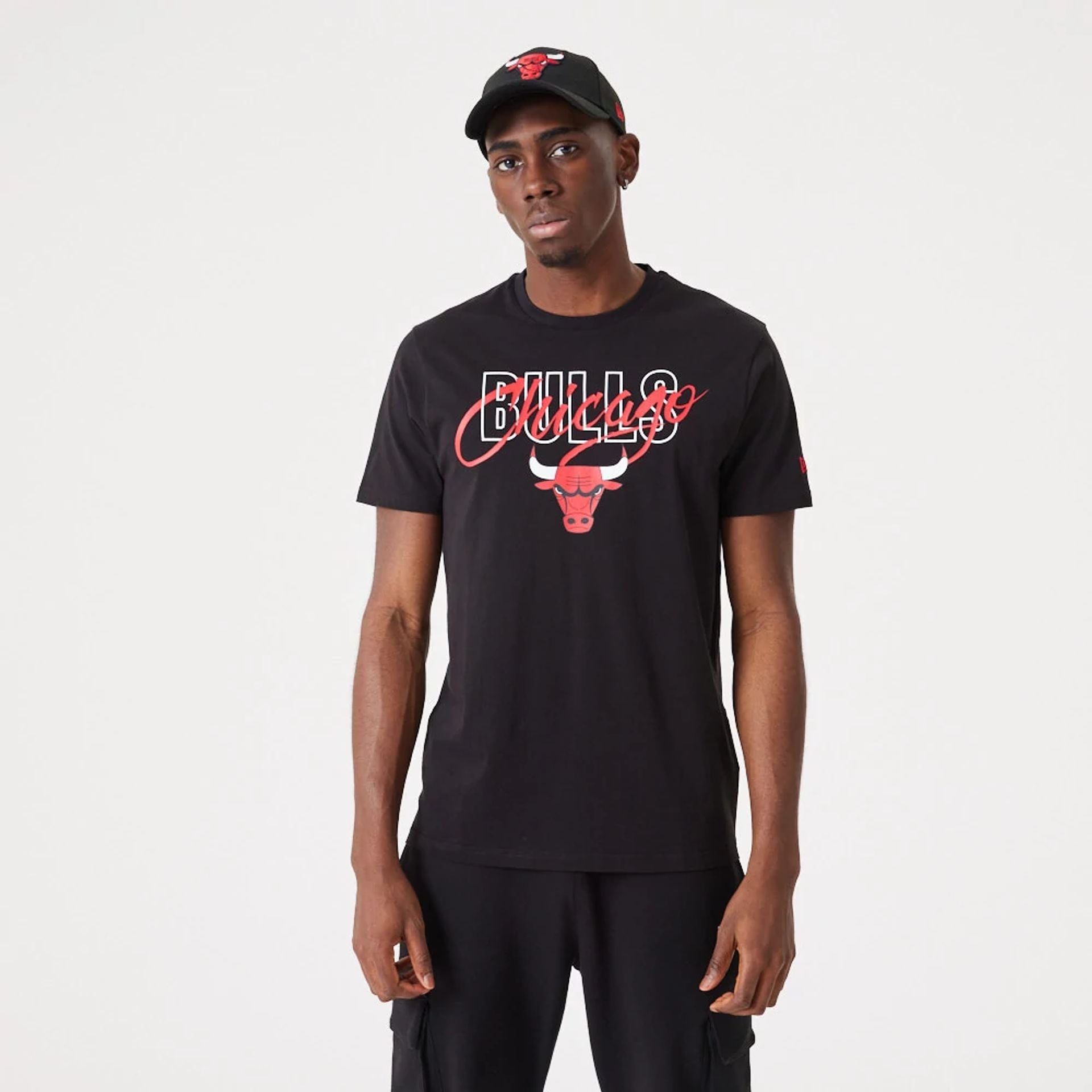 The Male model is wearing Chicago Bulls NBA Script Black T-Shirt 1