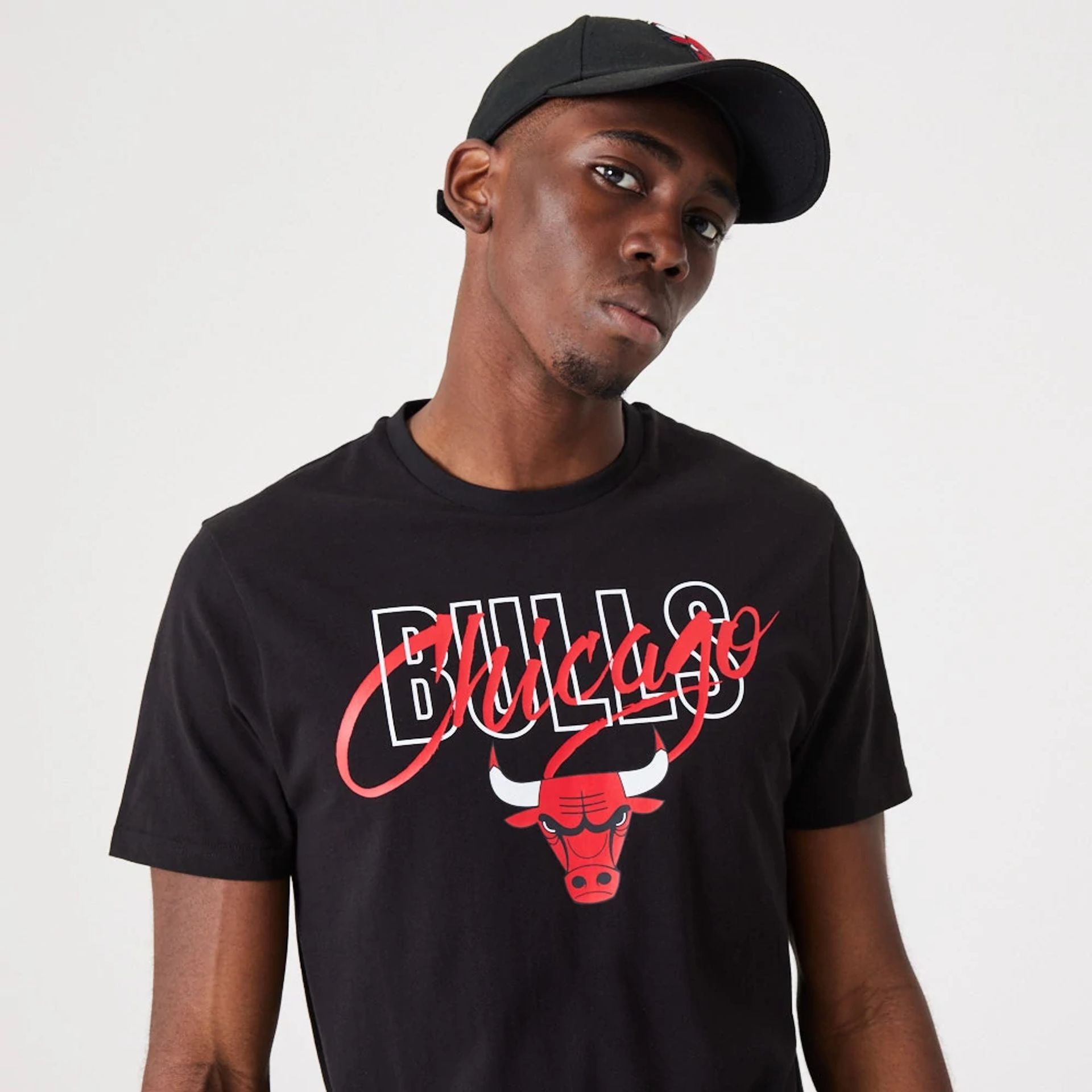 The Male model is wearing Chicago Bulls NBA Script Black T-Shirt 4