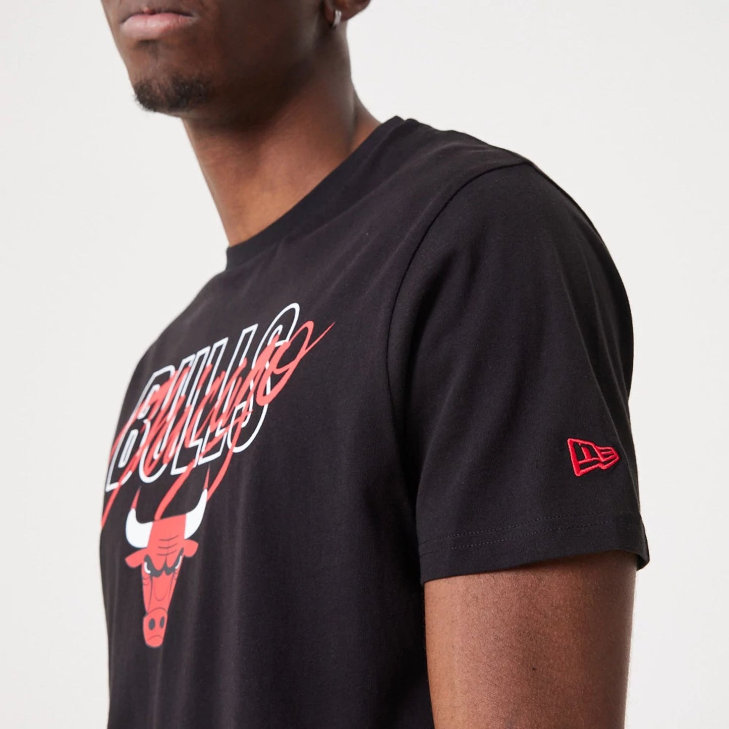 The Male model is wearing Chicago Bulls NBA Script Black T-Shirt 5