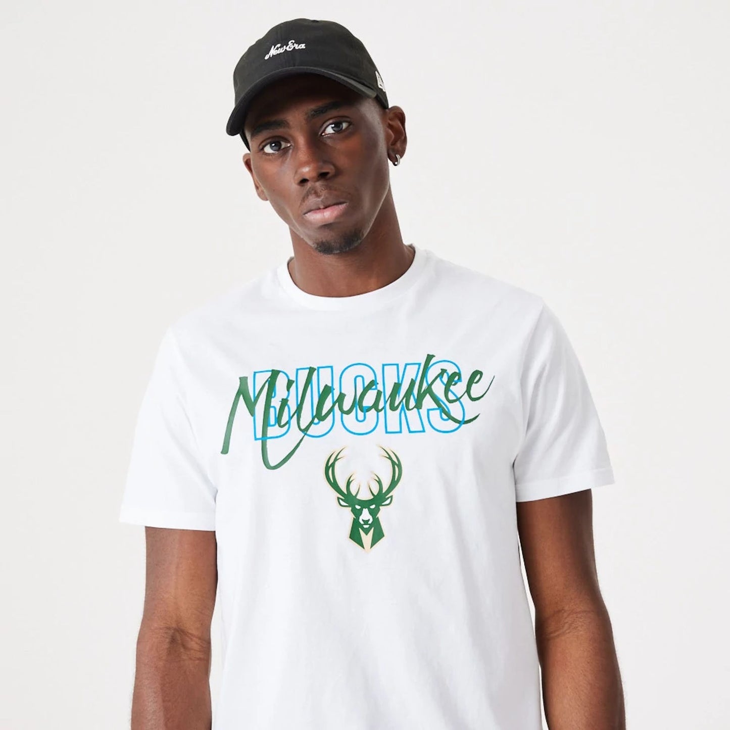 The Male model is wearing Milwaukee Bucks NBA Script White T-Shirt 3