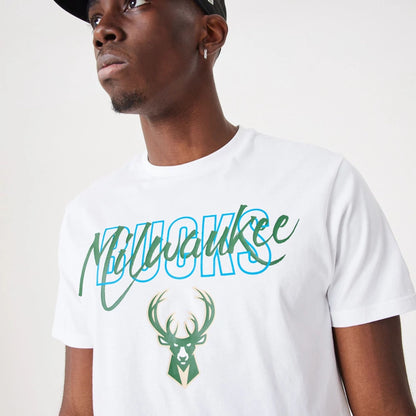 The Male model is wearing Milwaukee Bucks NBA Script White T-Shirt 5