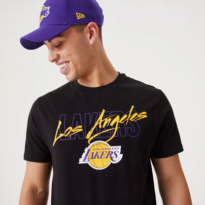 The Male model is wearing LA Lakers NBA Script Black T-Shirt 4