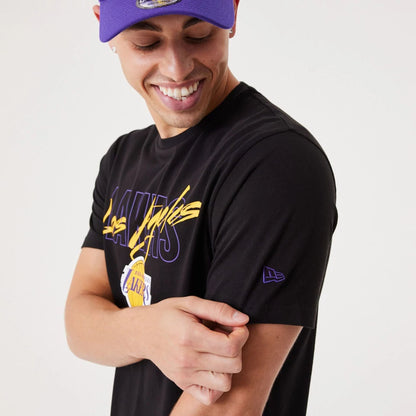 The Male model is wearing LA Lakers NBA Script Black T-Shirt 2