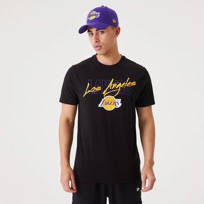 The Male model is wearing LA Lakers NBA Script Black T-Shirt 1