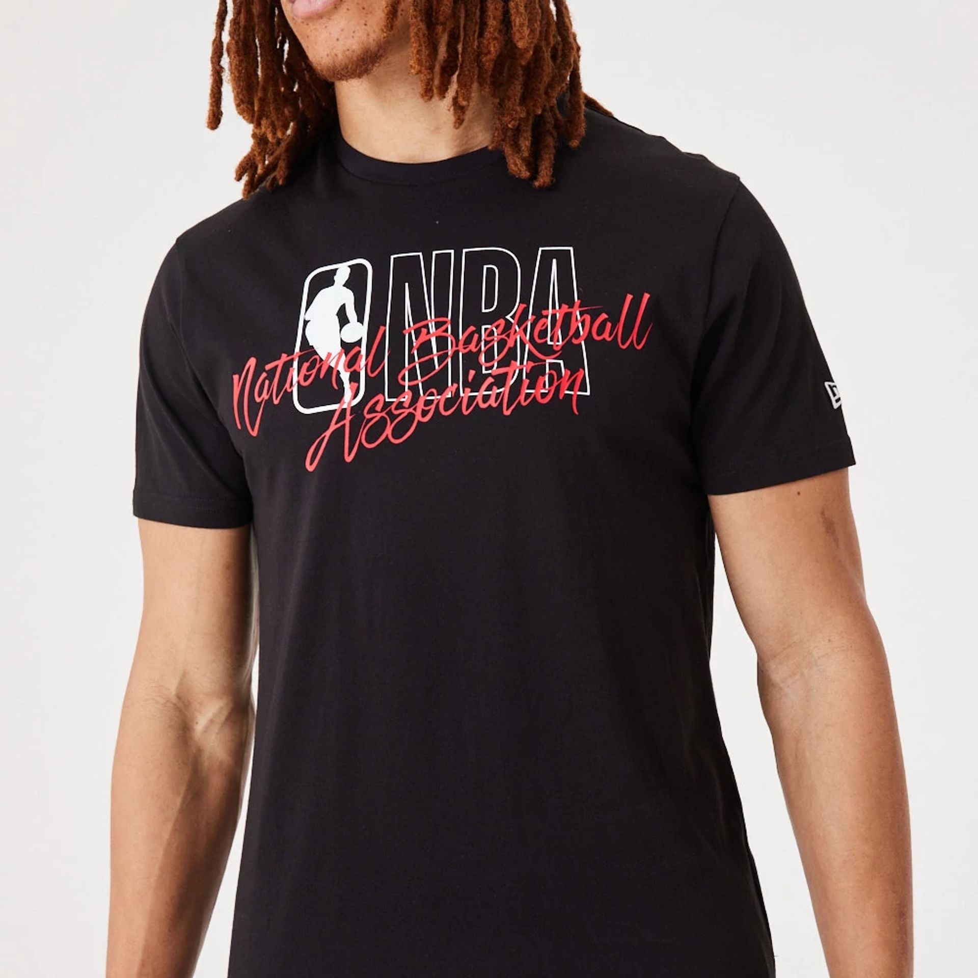 The Male model is wearing NBA Script Logo Black T-Shirt 4