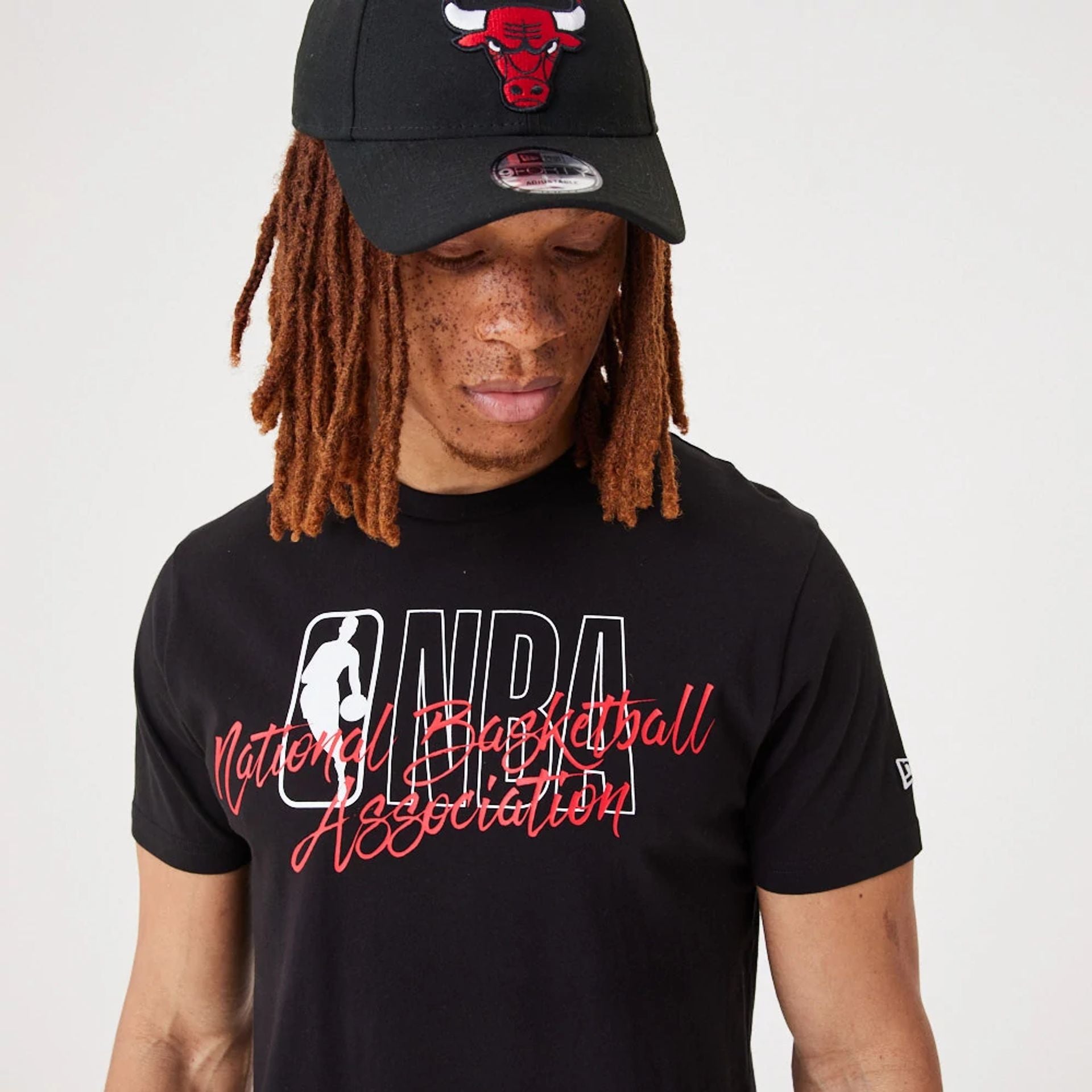 The Male model is wearing NBA Script Logo Black T-Shirt 2