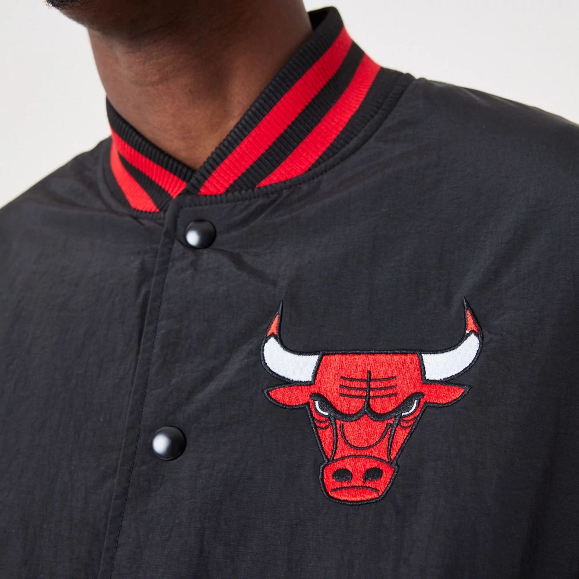 The Male model is wearing Chicago Bulls NBA Script Black Bomber Jacket 6