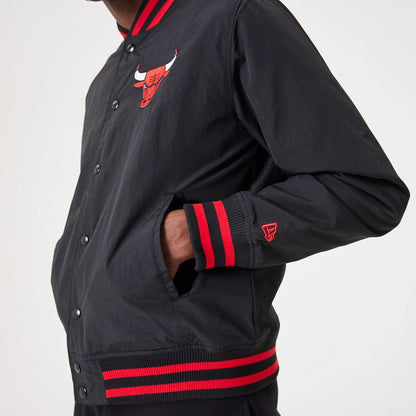 The Male model is wearing Chicago Bulls NBA Script Black Bomber Jacket 7