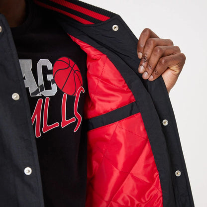 The Male model is wearing Chicago Bulls NBA Script Black Bomber Jacket 3