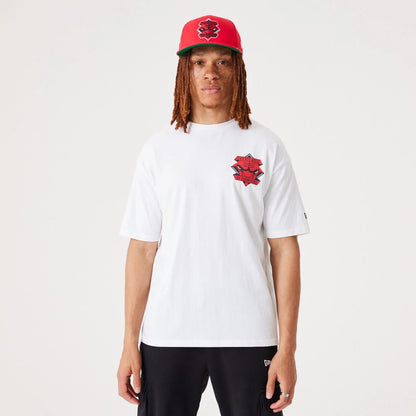 The Male model is wearing Chicago Bulls NBA Championship White Oversized T-Shirt 2