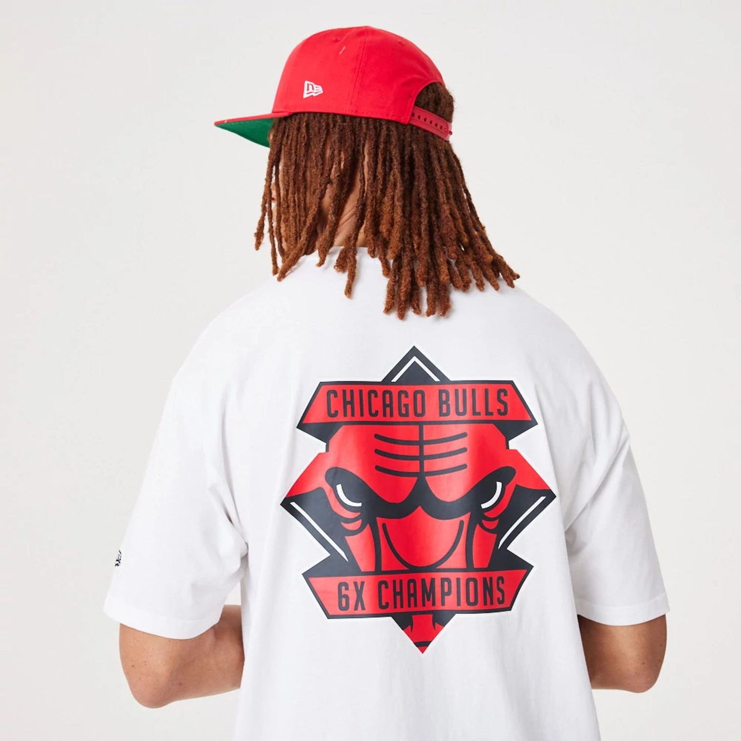 The Male model is wearing Chicago Bulls NBA Championship White Oversized T-Shirt 3