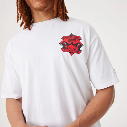 The Male model is wearing Chicago Bulls NBA Championship White Oversized T-Shirt 5